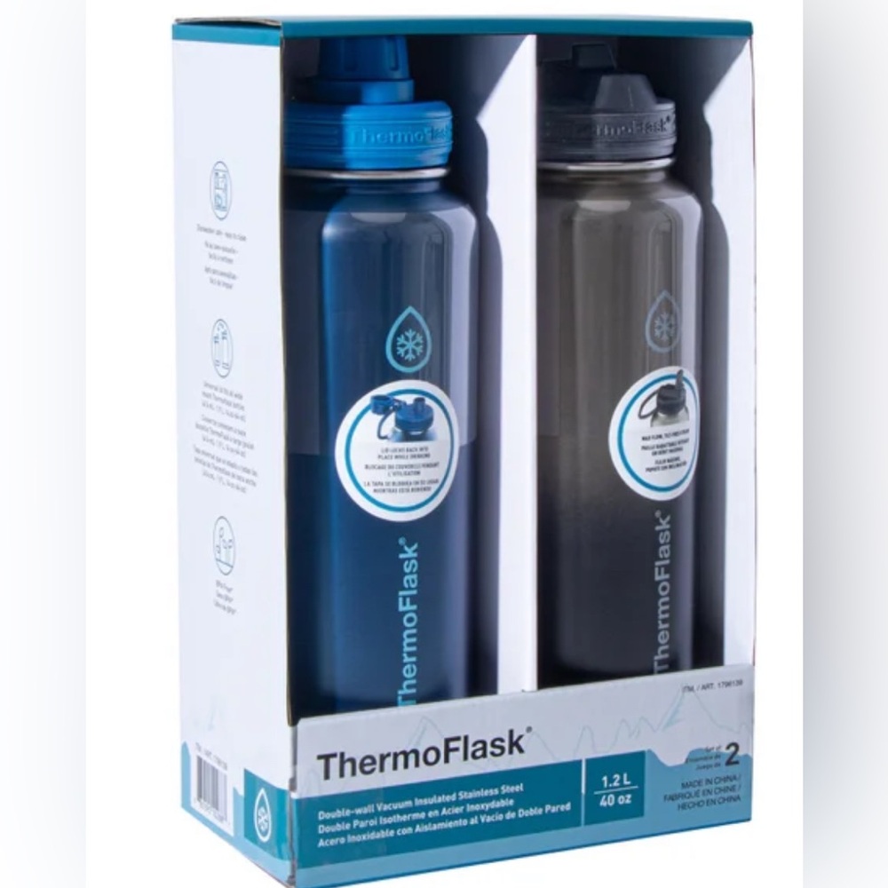 ThermoFlask 40oz. Insulated Stainless Steel, 2-pack blue / grey  new in box